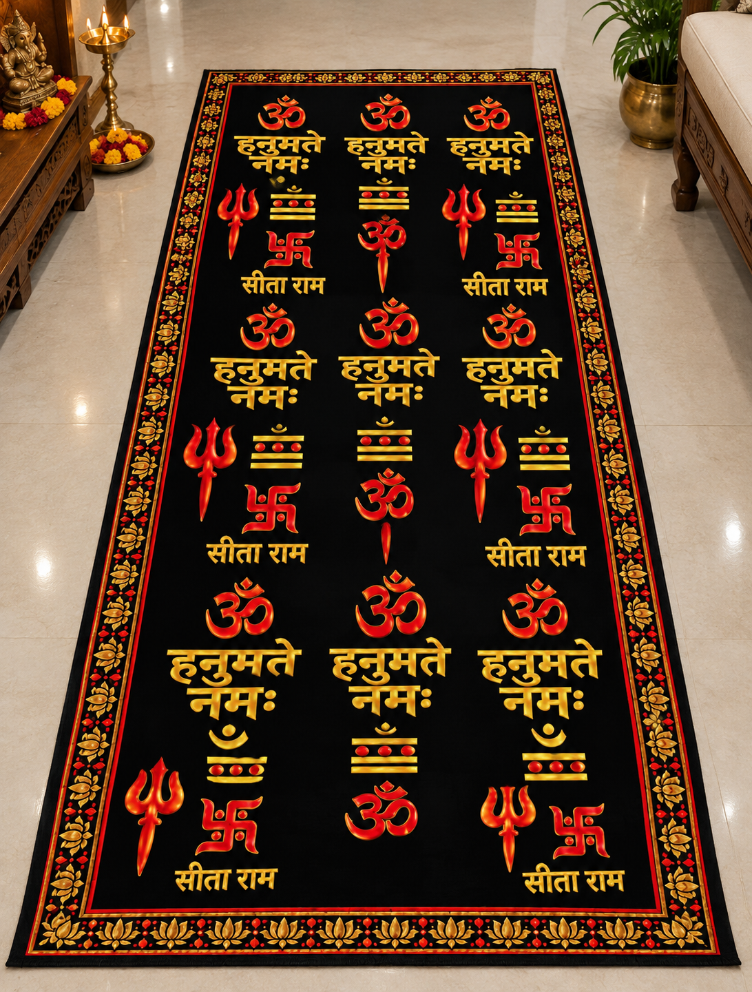 Black Devotional Runner With Gold And Red Motifs