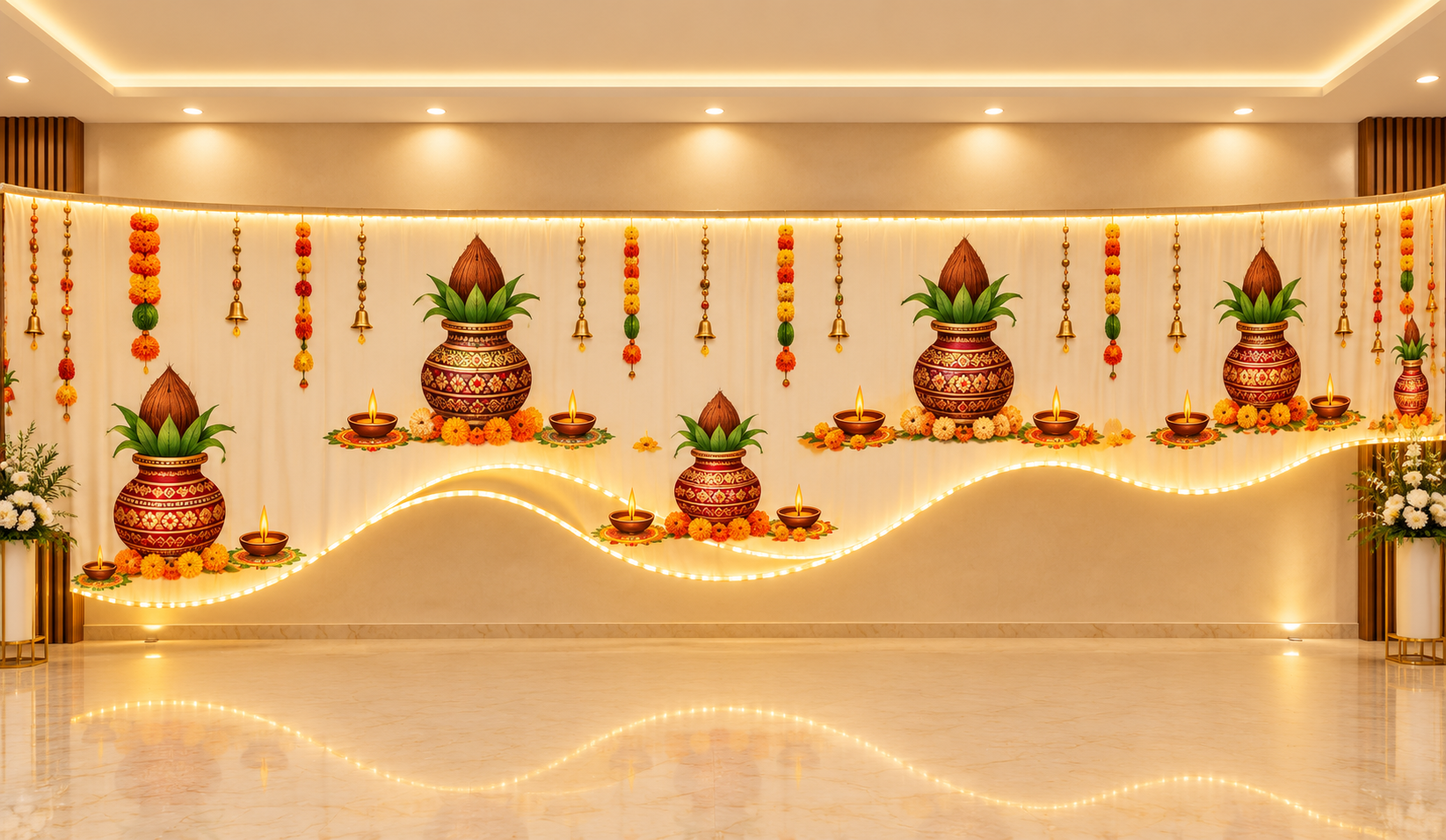 Diwali Kalash Backdrop In A Grand Hall