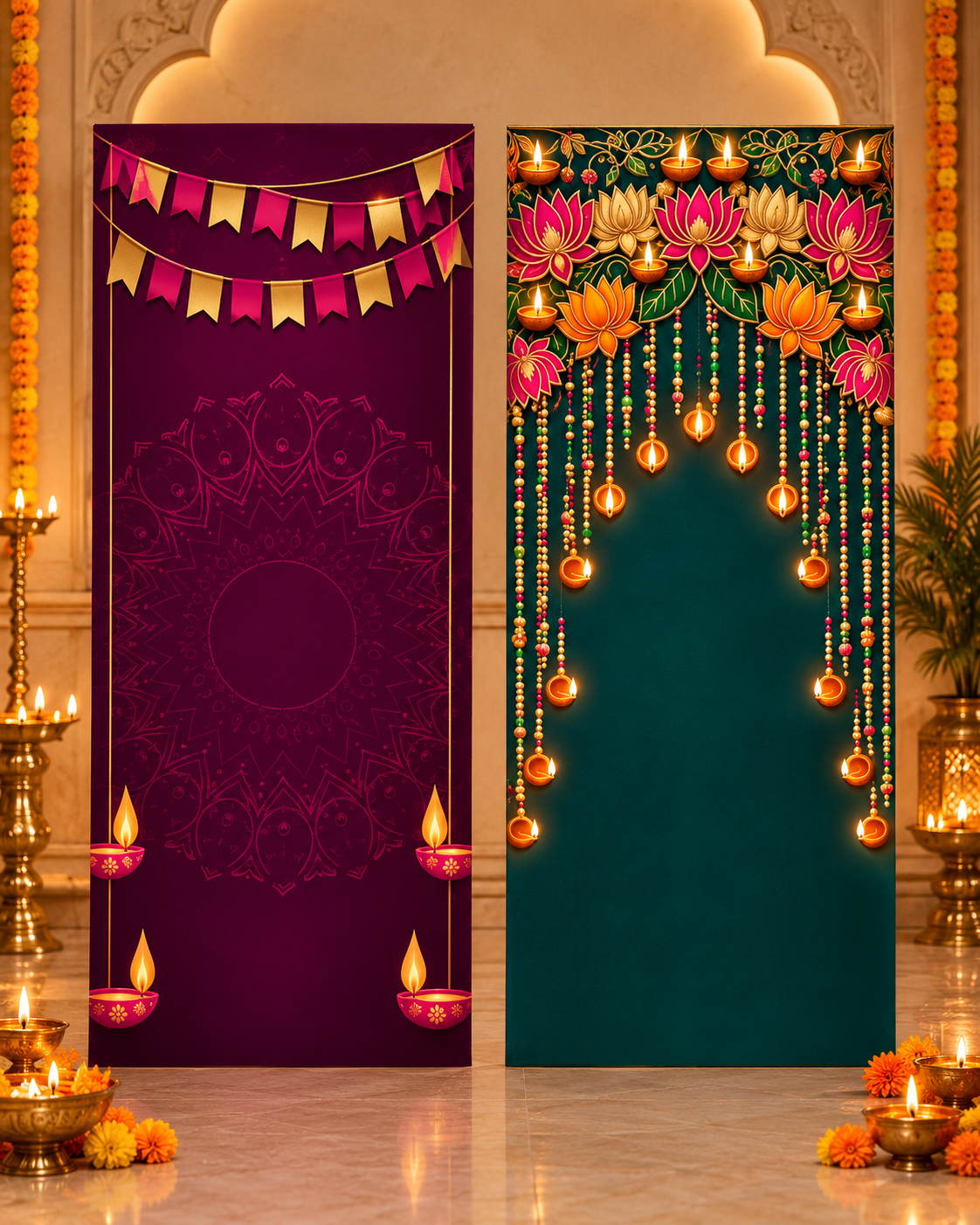 Elegant Diwali Backdrop Panels In A Palace Alcove