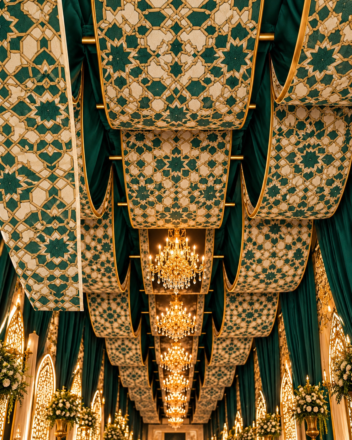 Emerald And Gold Chandelier Hall