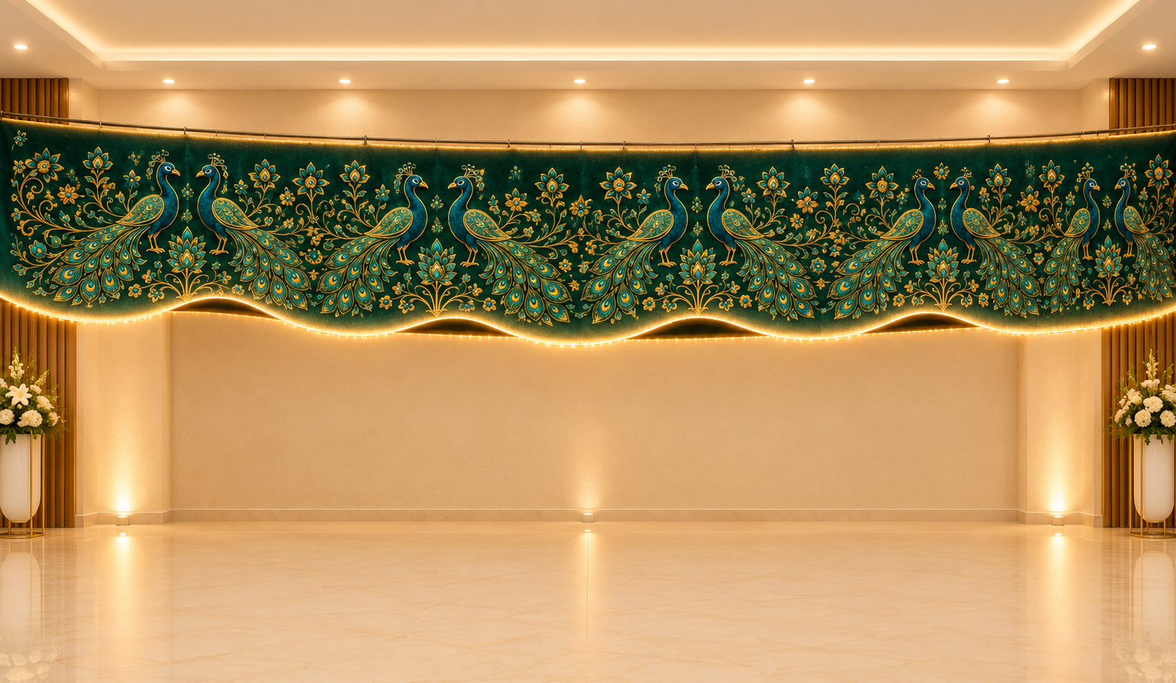 Emerald Peacock Embroidery In A Grand Hall