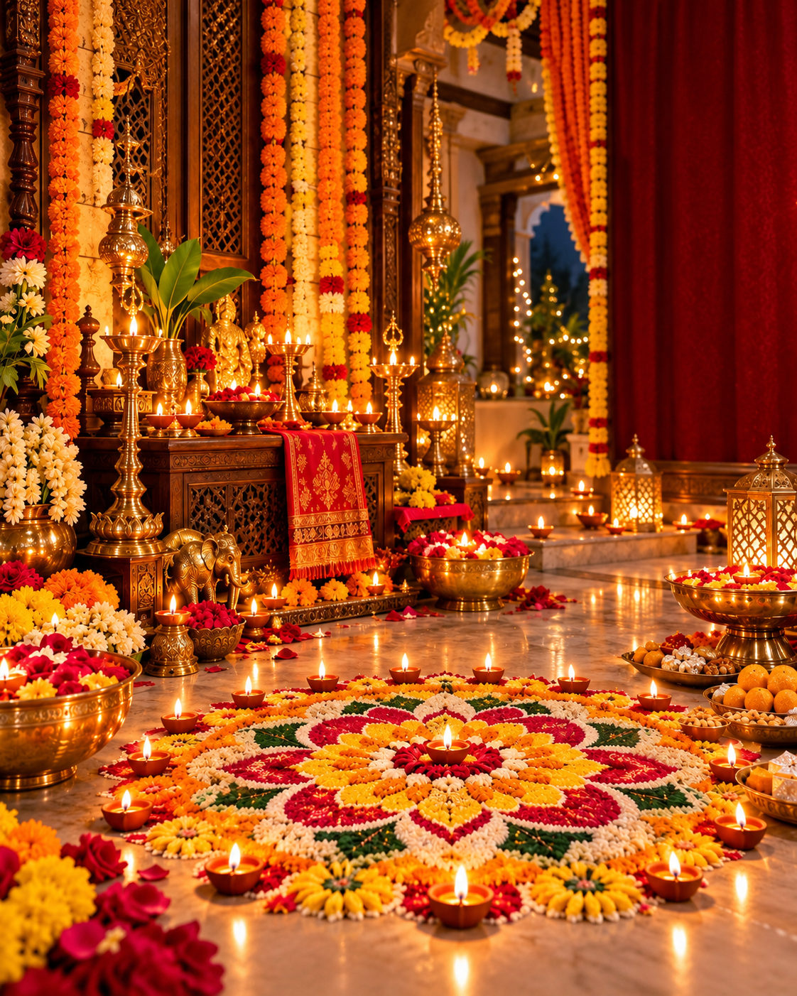 Golden Diwali Rangoli Temple Celebration