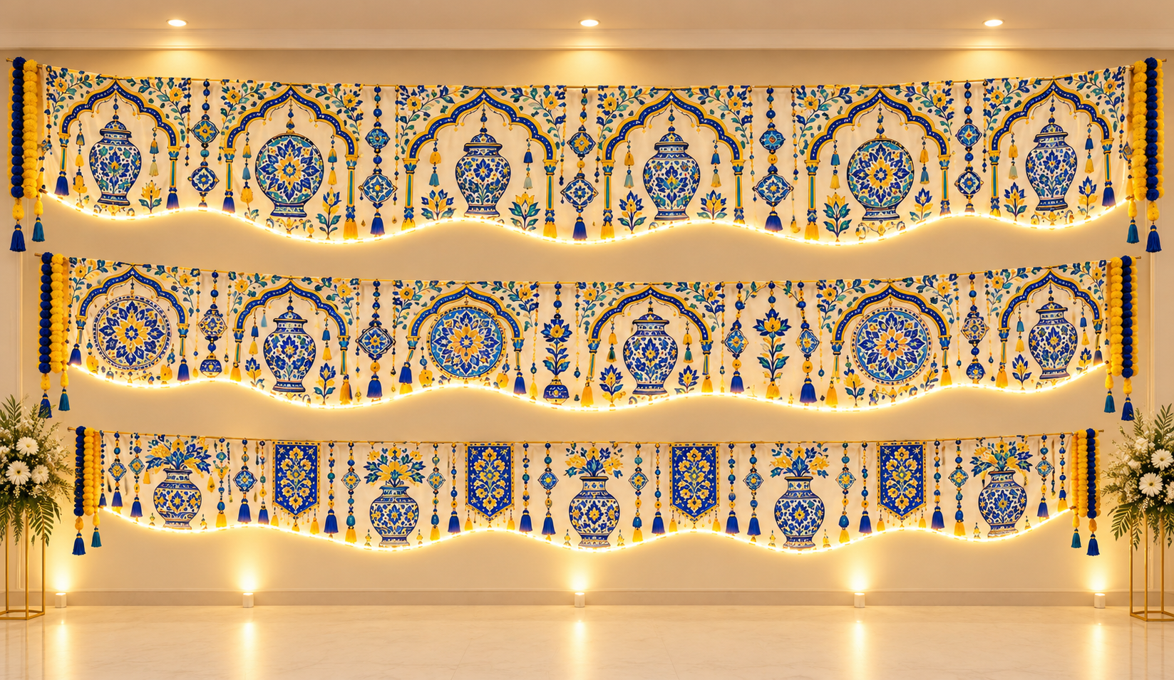 Illuminated Blue And Gold Wedding Backdrop