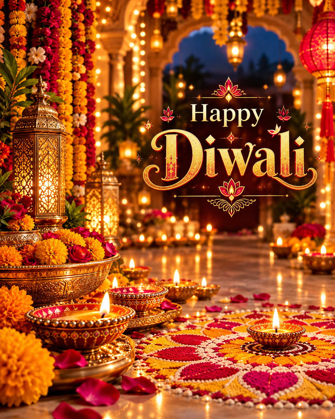 Luminous Diwali Celebration With Golden Diyas