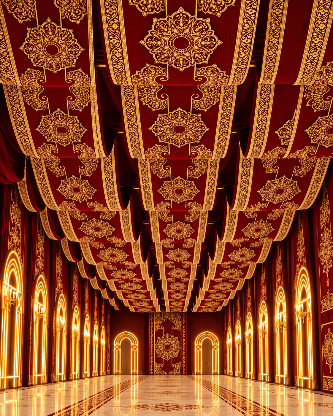 Opulent Crimson And Gold Palace Hall