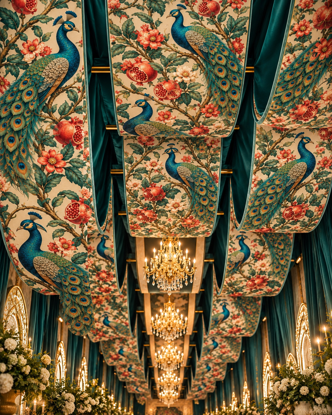 Opulent Peacock Chandelier Hall