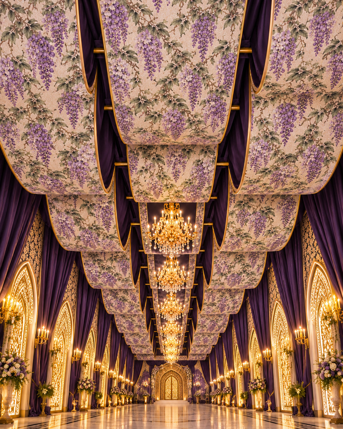 Opulent Purple And Gold Wedding Hall