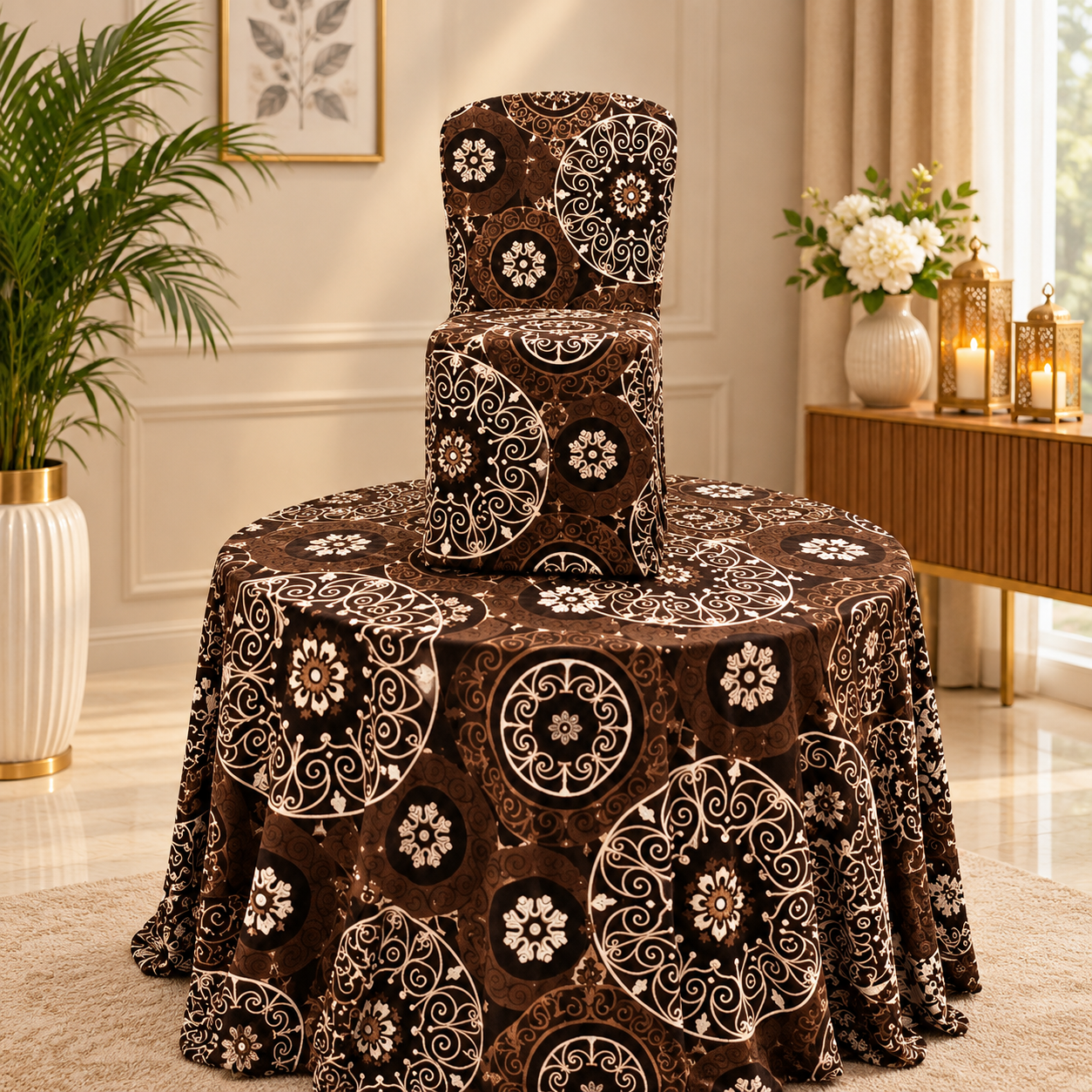 Ornate Brown Medallion Chair And Table Set