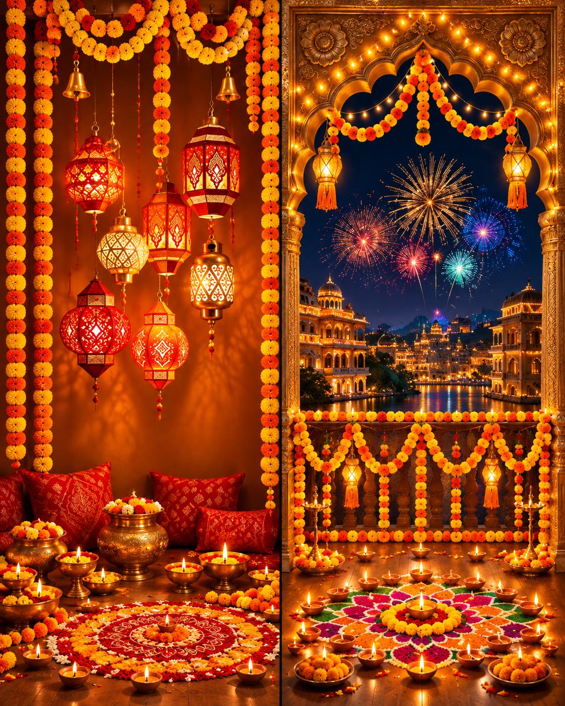Ornate Diwali Lanterns And Fireworks Tableau