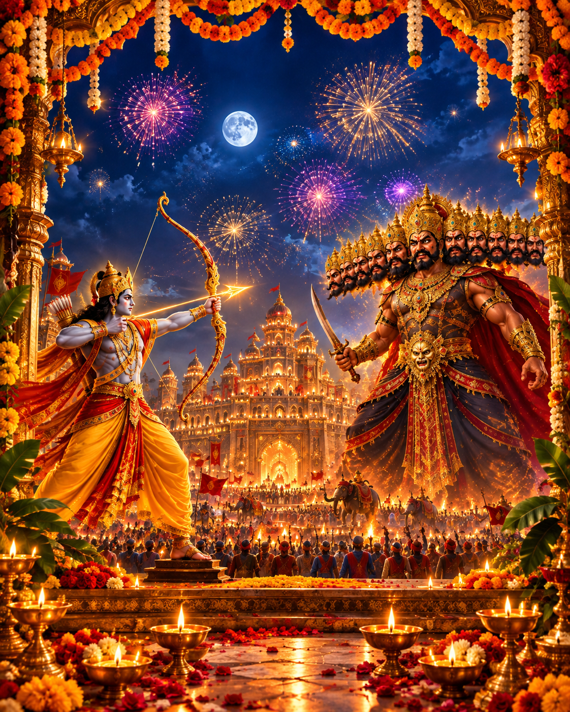 Rama And Ravana Beneath Fireworks