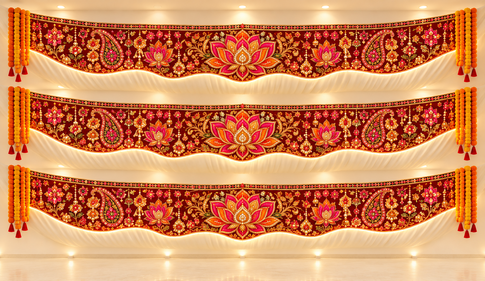 Triple Maroon Floral Drapery Backdrop